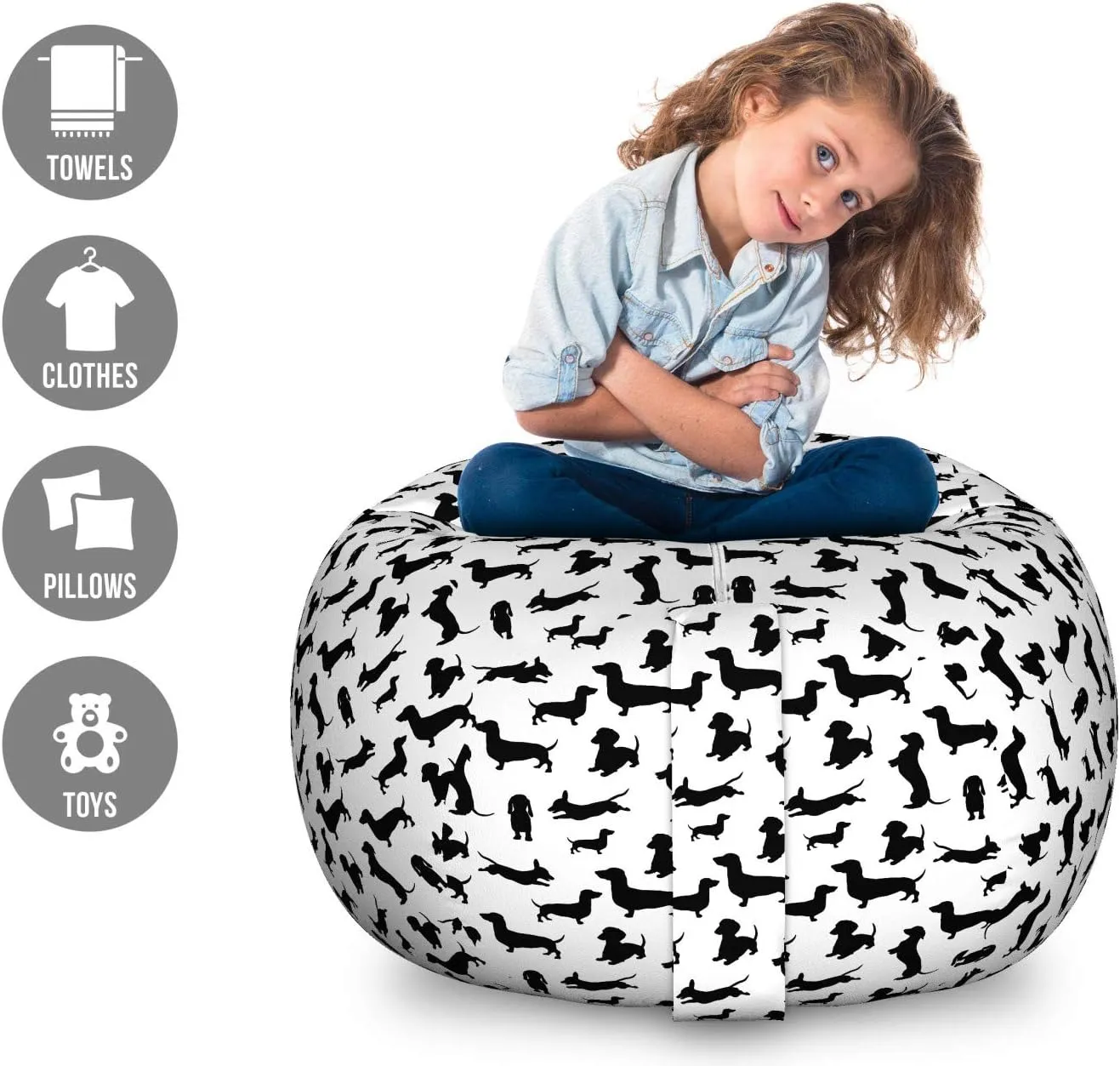 Ambesonne Dog Lover Storage Toy Bag Chair, Monochrome Dachshunds in Numerous Stances Active Life Pet Canine Abstract Image, Stuffed Animal Organizer Washable Bag, Large Size, Black White