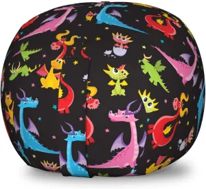 Ambesonne Dragon Storage Toy Bag Chair, Different Kinds of Colorful Comic Dragons on a Black Background with Little Stars, Stuffed Animal Organizer Washable Bag, Small Size, Black Red
