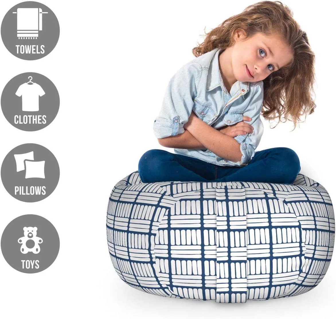 Ambesonne Dutch Storage Toy Bag Chair, Hand Drawn Stripes Delft Pattern Traditional Holland Folklore Illustration, Stuffed Animal Organizer Washable Bag, Small Size, Dark Blue and White