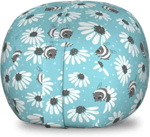 Ambesonne Floral Storage Toy Bag Chair, Repeating Flowers Bees Nature Interpretation in Pastel Colors Pattern, Stuffed Animal Organizer Washable Bag, Small Size, Pale Sky Blue and White