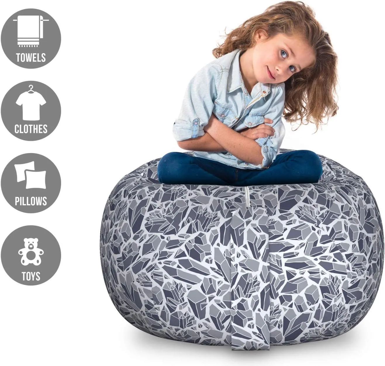 Ambesonne Geology Storage Toy Bag Chair, Rocks of The Earth Themed Pattern Gemstones with Different Cuts, Stuffed Animal Organizer Washable Bag, Large Size, Dark Ceil Blue Pale Grey