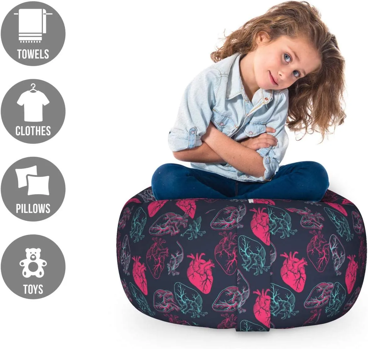 Ambesonne Human Anatomy Storage Toy Bag Chair, Anatomical Heart Analogy Veins Stems Palpitating Organ Sketch, Stuffed Animal Organizer Washable Bag, Small Size, Hot Pink and Charcoal Grey