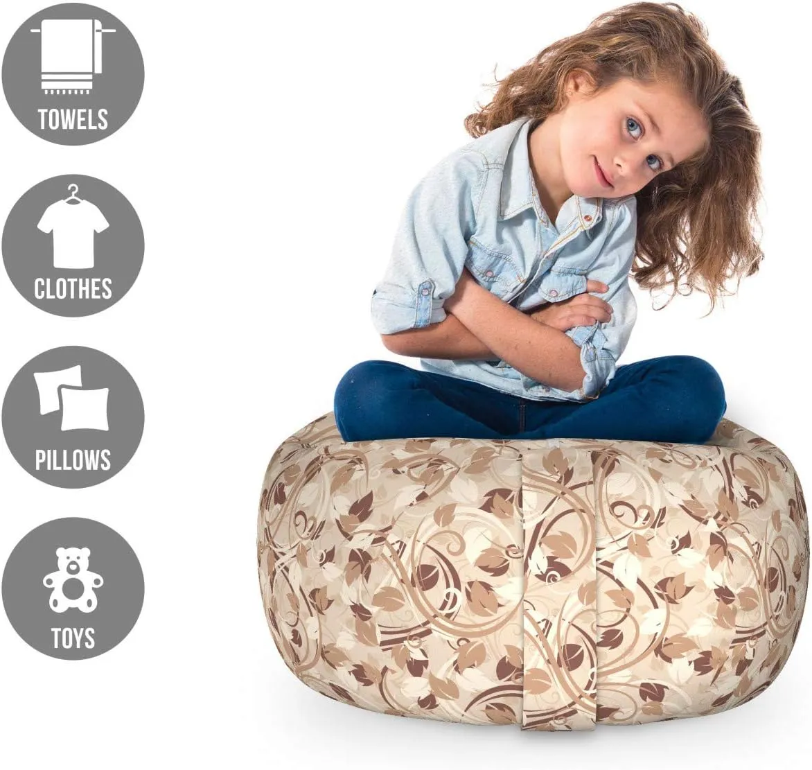 Ambesonne Ivory Storage Toy Bag Chair, Autumn Leaves in Faded Earthen Tones Fall Season Branches Romance Illustration, Stuffed Animal Organizer Washable Bag, Small Size, Cream Umber Cocoa