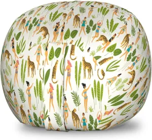 Ambesonne Leopard Storage Toy Bag Chair, Dancing Ladies in Swimsuits with Plant and Animal Motifs Graphic Interpretation, Stuffed Animal Organizer Washable Bag, Small Size, Multicolor