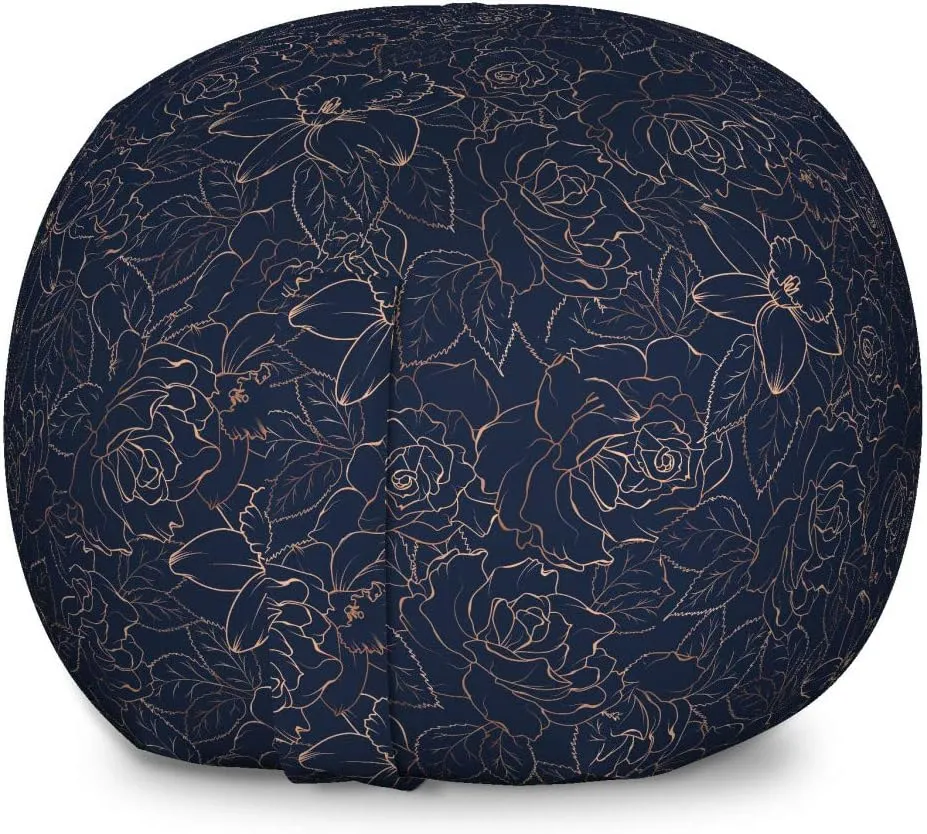 Ambesonne Navy Blue Storage Toy Bag Chair, Abstract Hand Drawn Interpretation of Narcissus Rose Daffodil Peony Flower, Stuffed Animal Organizer Washable Bag, Large Size, Indigo Sand Brown
