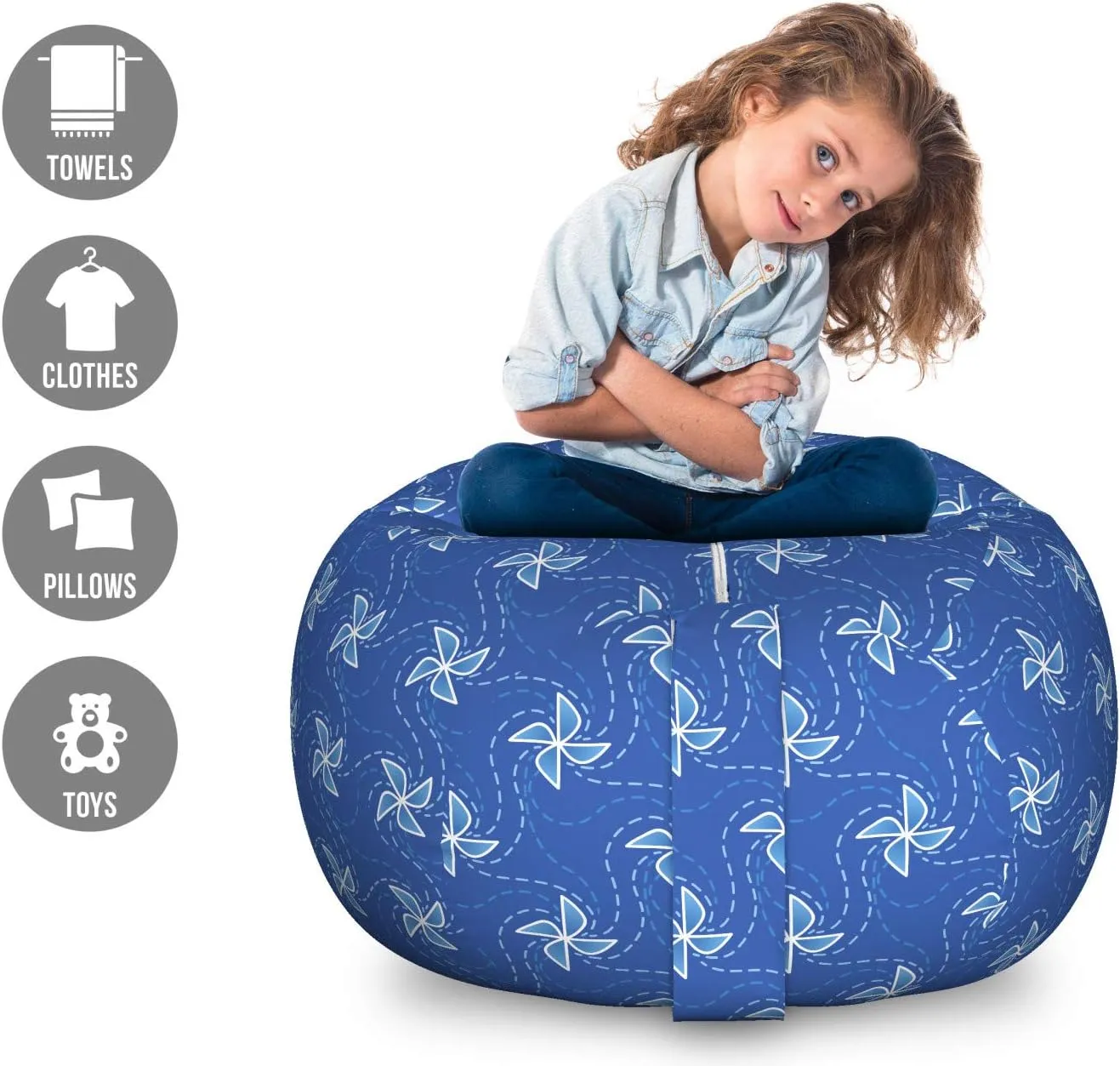 Ambesonne Pinwheel Storage Toy Bag Chair, Wind Farm Turbines Map Pattern with Renewable Energy Nature Eco, Stuffed Animal Organizer Washable Bag, Large Size, Blue and White