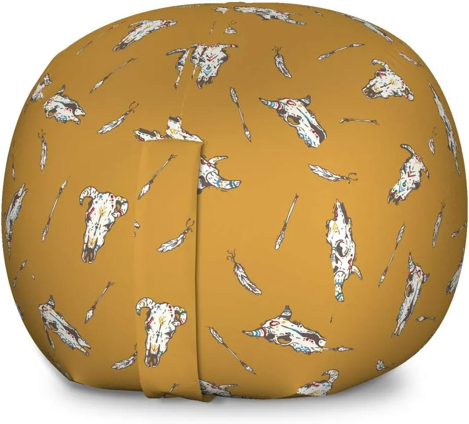 Ambesonne Rodeo Storage Toy Bag Chair, Bohemian Print of Cow Skulls with Retro Element and Feathers Wild West, Stuffed Animal Organizer Washable Bag, Large Size, Coffee White