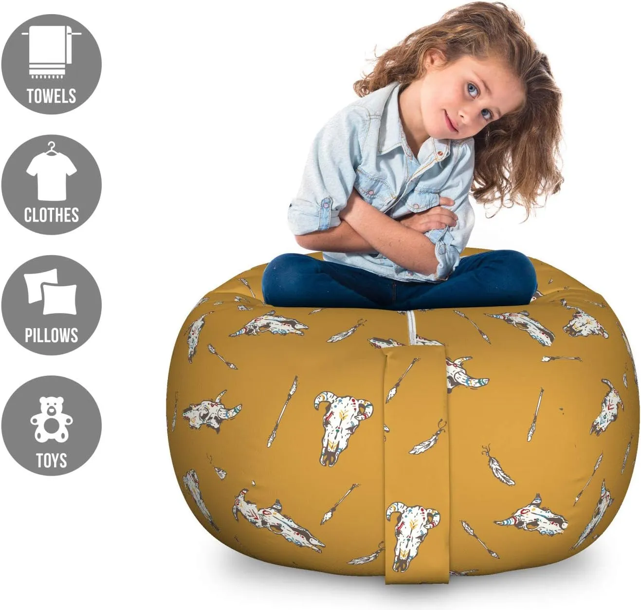 Ambesonne Rodeo Storage Toy Bag Chair, Bohemian Print of Cow Skulls with Retro Element and Feathers Wild West, Stuffed Animal Organizer Washable Bag, Large Size, Coffee White