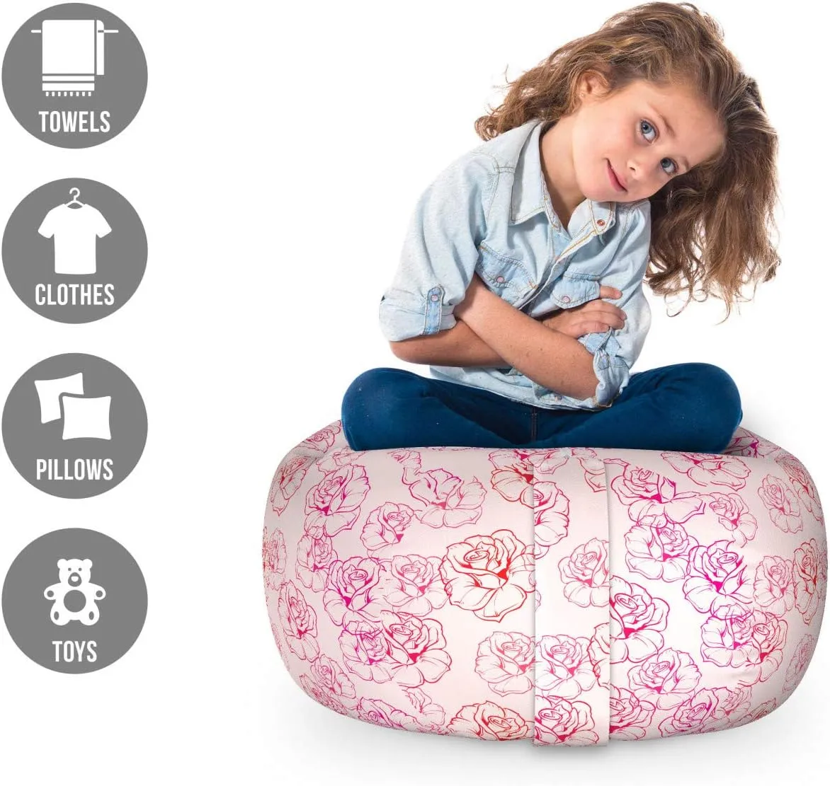 Ambesonne Romantic Storage Toy Bag Chair, Outline Rose Petals Repetition, Stuffed Animal Organizer Washable Bag, Small Size, Pale Pink Magenta