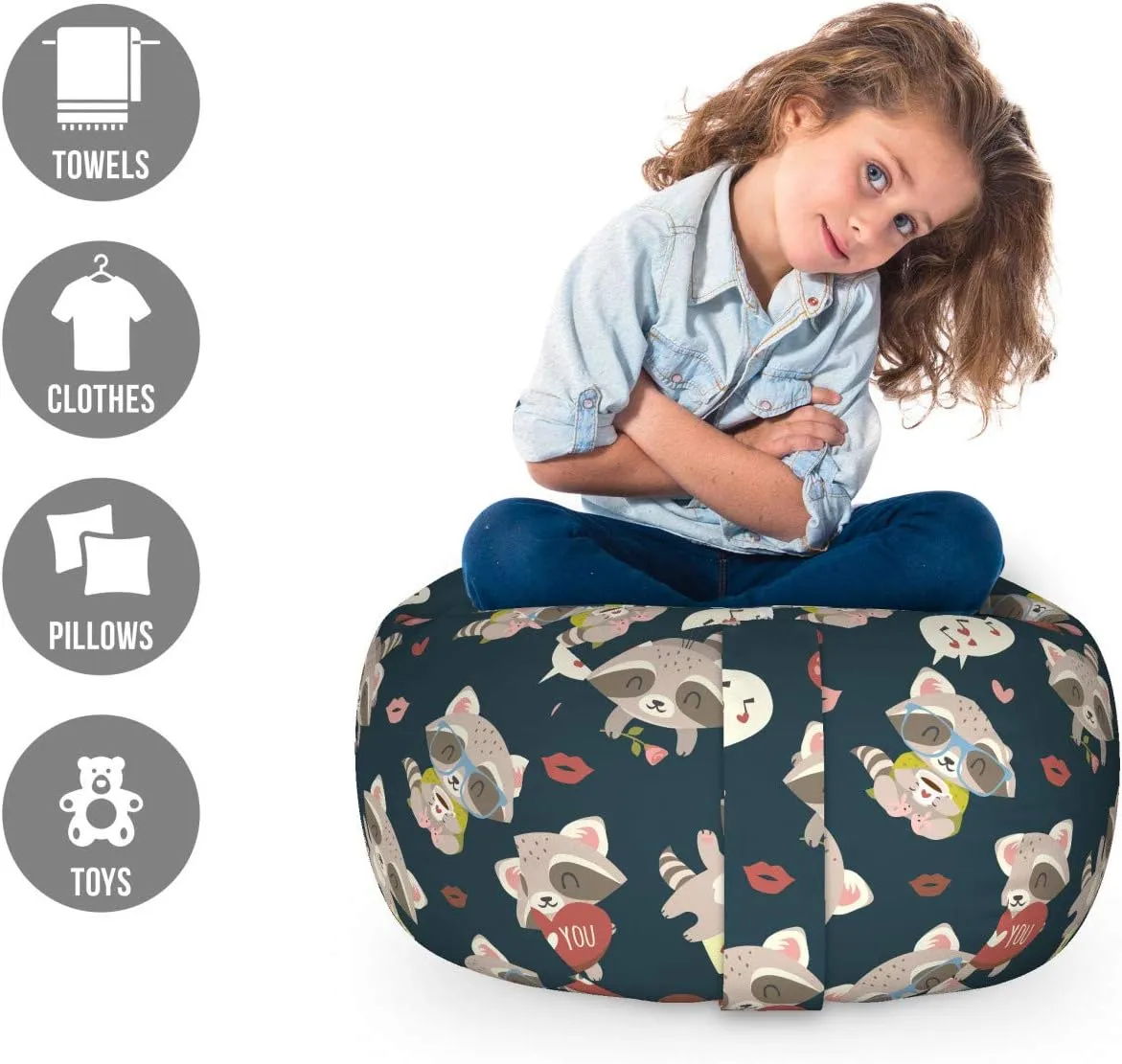 Ambesonne Romantic Storage Toy Bag Chair, Raccoon with I Love You Heart Kisses Birthday Celebration Graphic, Stuffed Animal Organizer Washable Bag, Small Size, Beige Blue