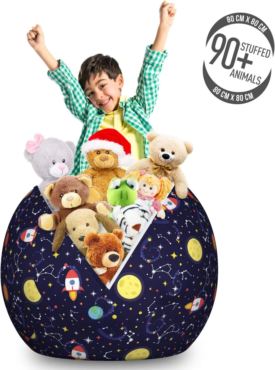 Ambesonne Spaceship Storage Toy Bag Chair, Cosmic Themed Pattern of Flying Spacecraft in Outer Space Stars Planets, Stuffed Animal Organizer Washable Bag, Large Size, Indigo