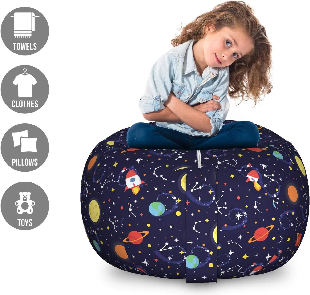 Ambesonne Spaceship Storage Toy Bag Chair, Cosmic Themed Pattern of Flying Spacecraft in Outer Space Stars Planets, Stuffed Animal Organizer Washable Bag, Large Size, Indigo