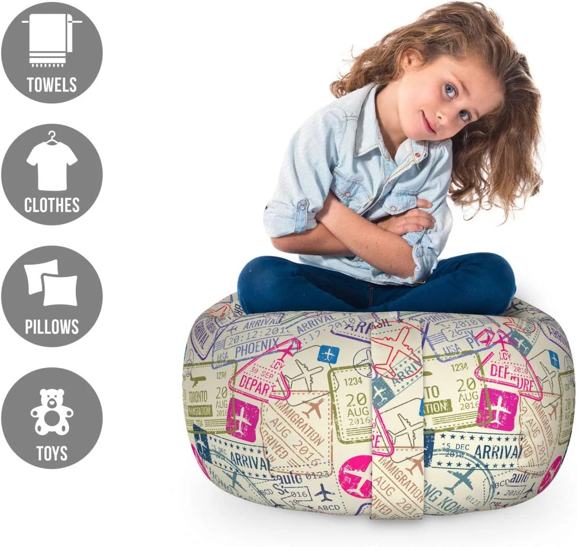 Ambesonne Travel Storage Toy Bag Chair, Passport and Visa Stamps Illustration of Toronto Hong Kong Berlin Print, Stuffed Animal Organizer Washable Bag, Small Size, Eggshell and Pink