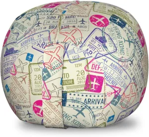 Ambesonne Travel Storage Toy Bag Chair, Passport and Visa Stamps Illustration of Toronto Hong Kong Berlin Print, Stuffed Animal Organizer Washable Bag, Small Size, Eggshell and Pink