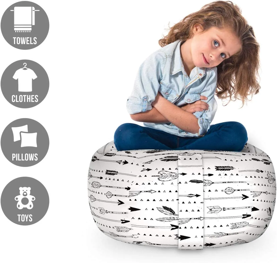Ambesonne Tribal Storage Toy Bag Chair, Prehistoric Style Tools Pattern Culture Boho Repetition in Monochrome Art, Stuffed Animal Organizer Washable Bag, Small Size, Charcoal Grey White