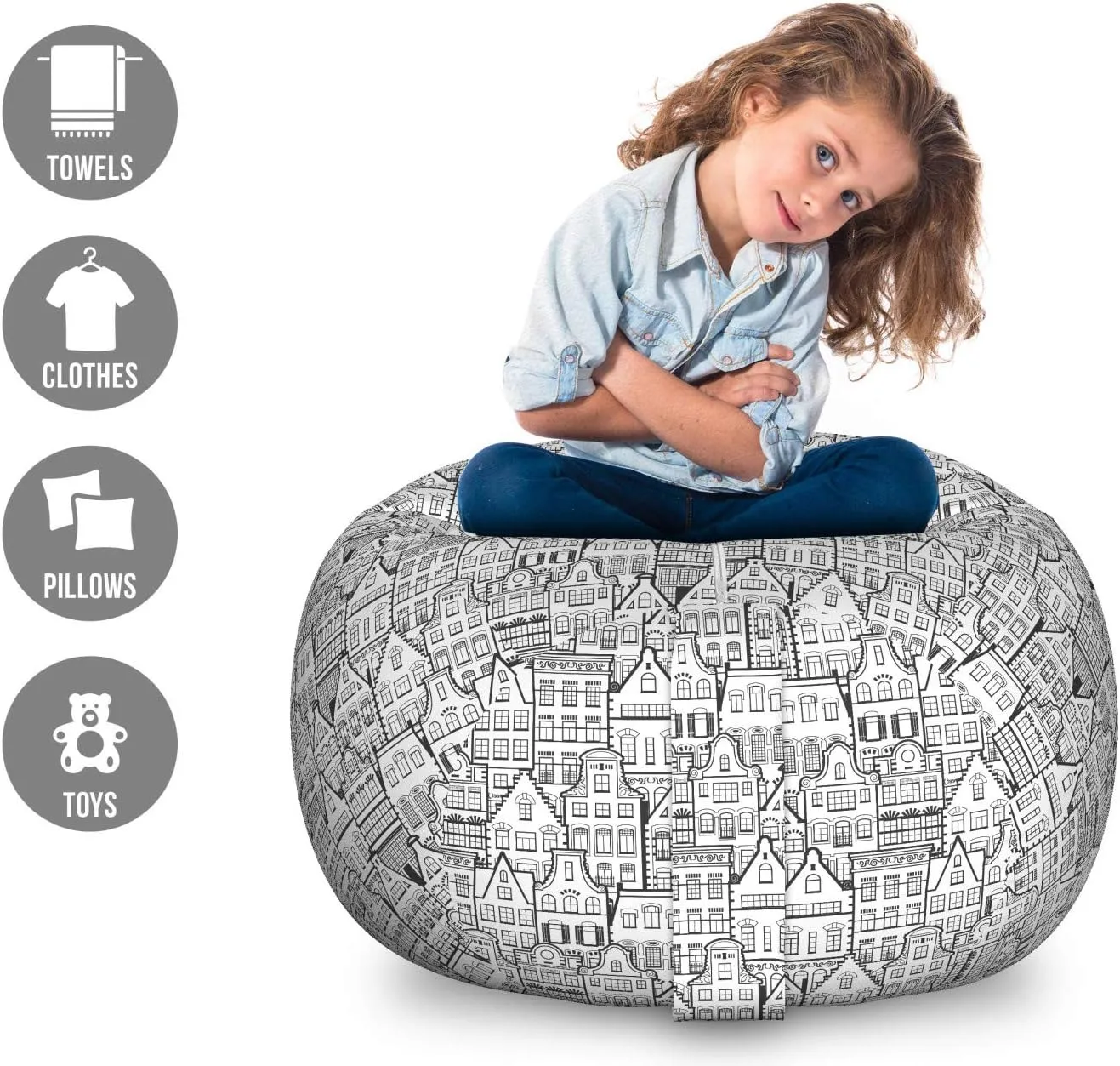 Ambesonne Urban Storage Toy Bag Chair, Dutch Holland City Old House Facade Traditional Architecture of Netherlands, Stuffed Animal Organizer Washable Bag, Large Size, Charcoal Grey White