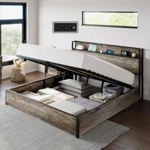 AMERLIFE King Size Lift Up Storage Bed Frame, Wooden Platform Bed Frame with Lifting Storage & Charging Station, No Spring Box Needed/Noise Free, Rustic Grey