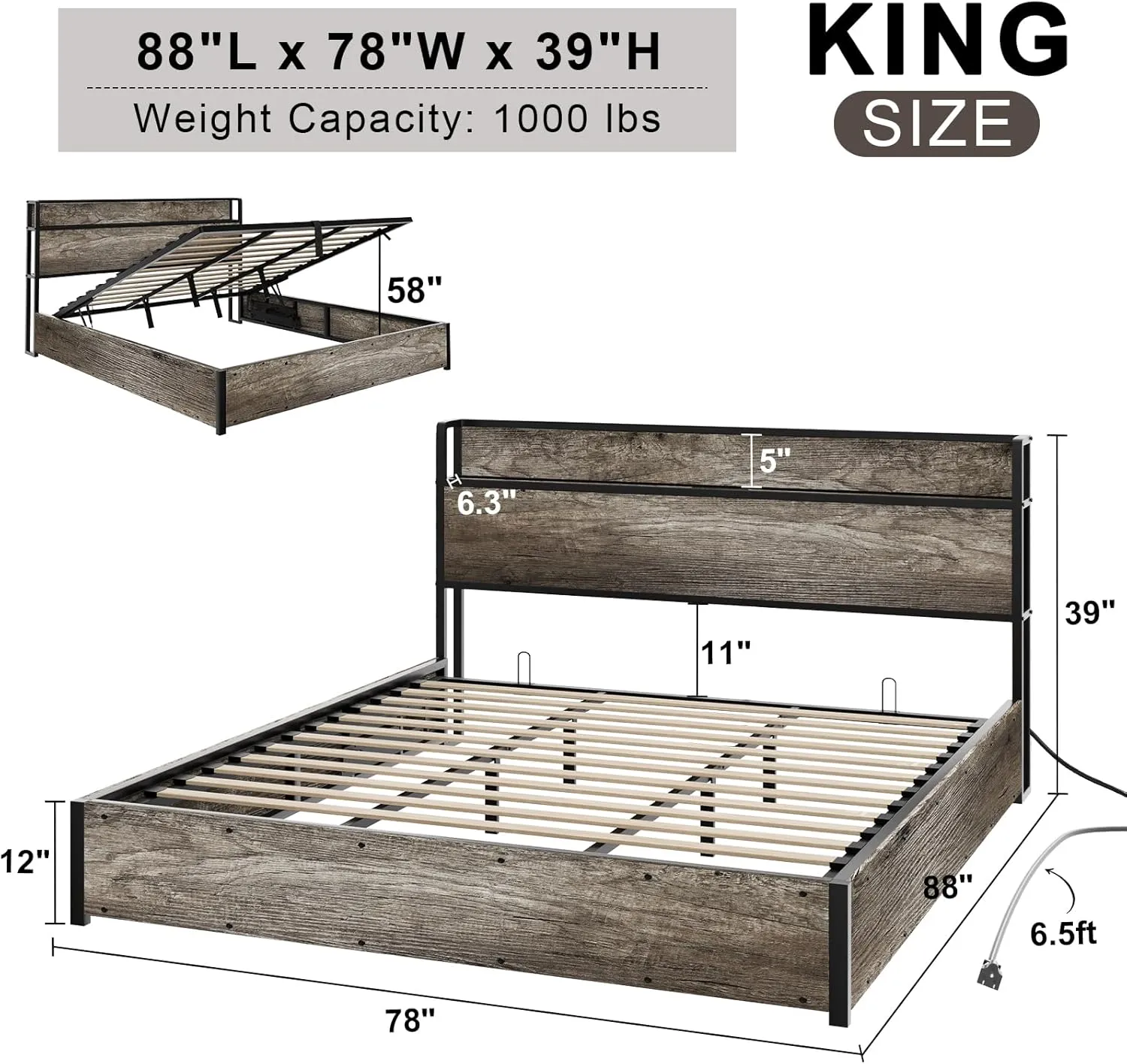 AMERLIFE King Size Lift Up Storage Bed Frame, Wooden Platform Bed Frame with Lifting Storage & Charging Station, No Spring Box Needed/Noise Free, Rustic Grey