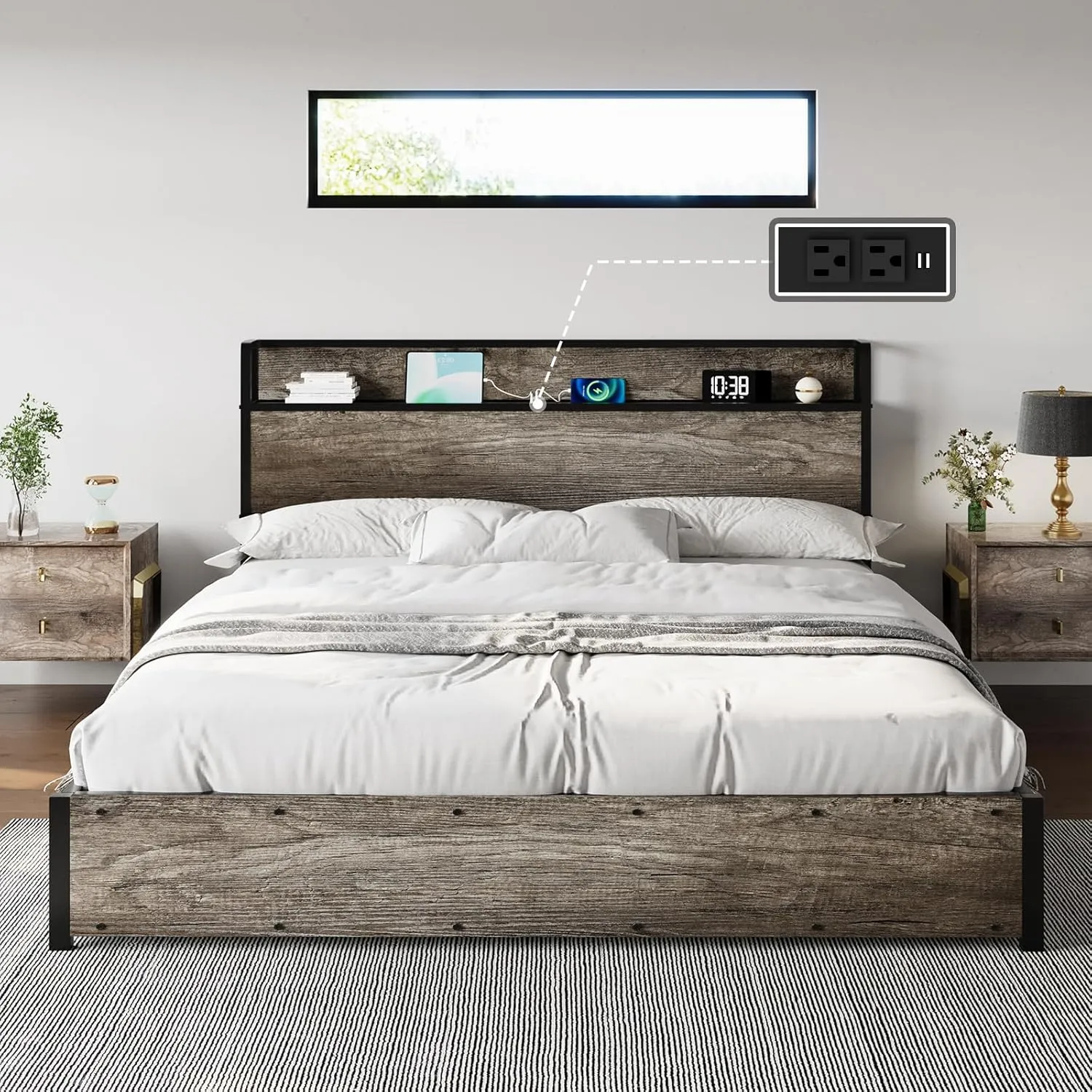 AMERLIFE King Size Lift Up Storage Bed Frame, Wooden Platform Bed Frame with Lifting Storage & Charging Station, No Spring Box Needed/Noise Free, Rustic Grey