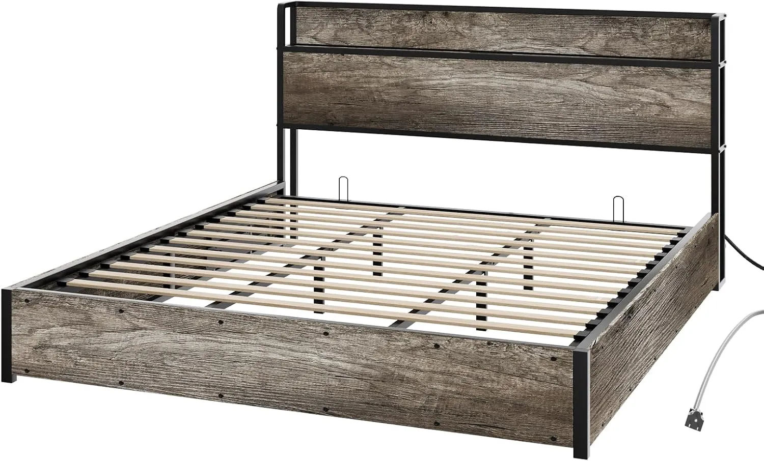 AMERLIFE King Size Lift Up Storage Bed Frame, Wooden Platform Bed Frame with Lifting Storage & Charging Station, No Spring Box Needed/Noise Free, Rustic Grey