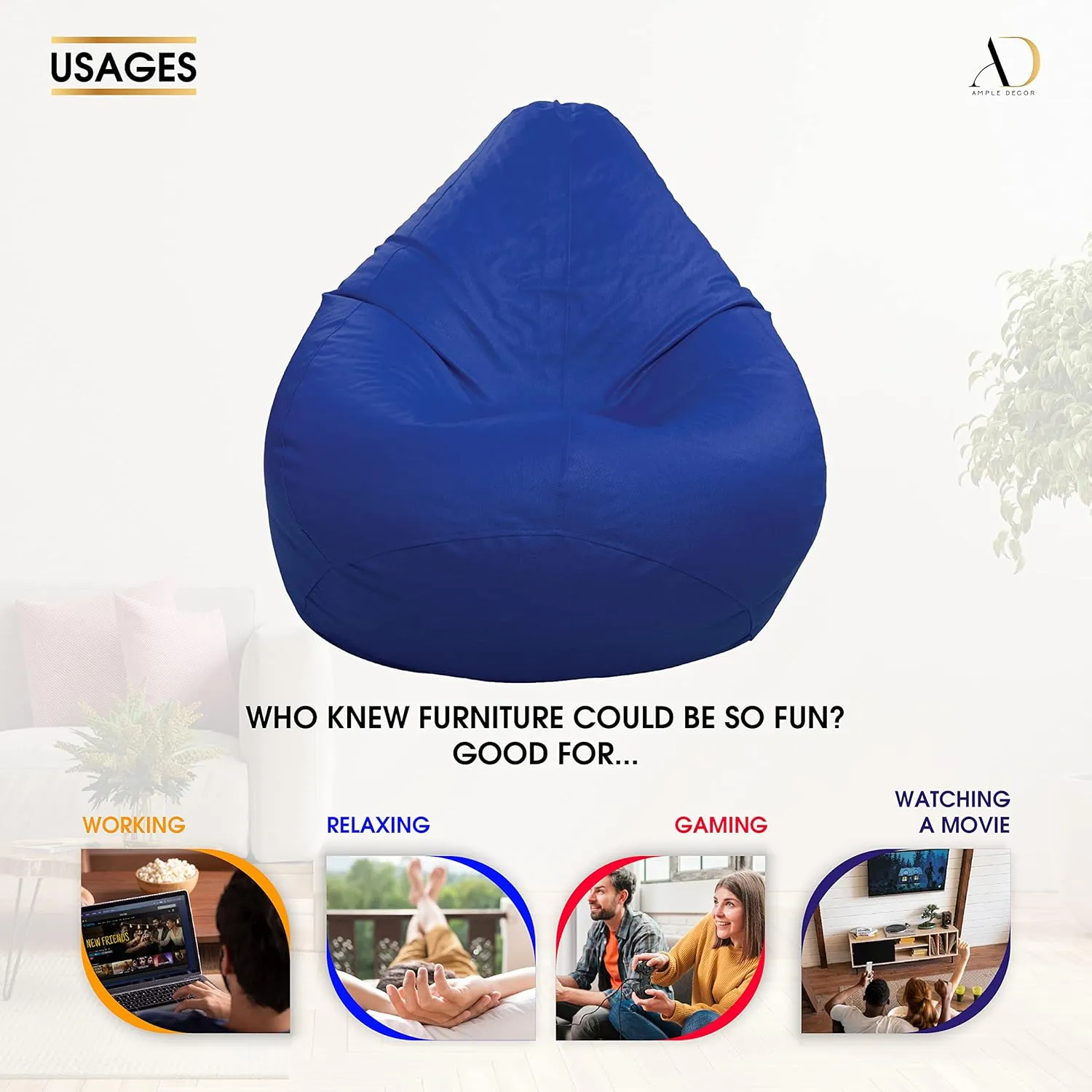 Ample Decor Bean Bag Cover (No Filling), Plush Toys Storage Soft Leatherette, Durable Construction Sturdy Zipper, Ideal for Children and Teenagers - Blue