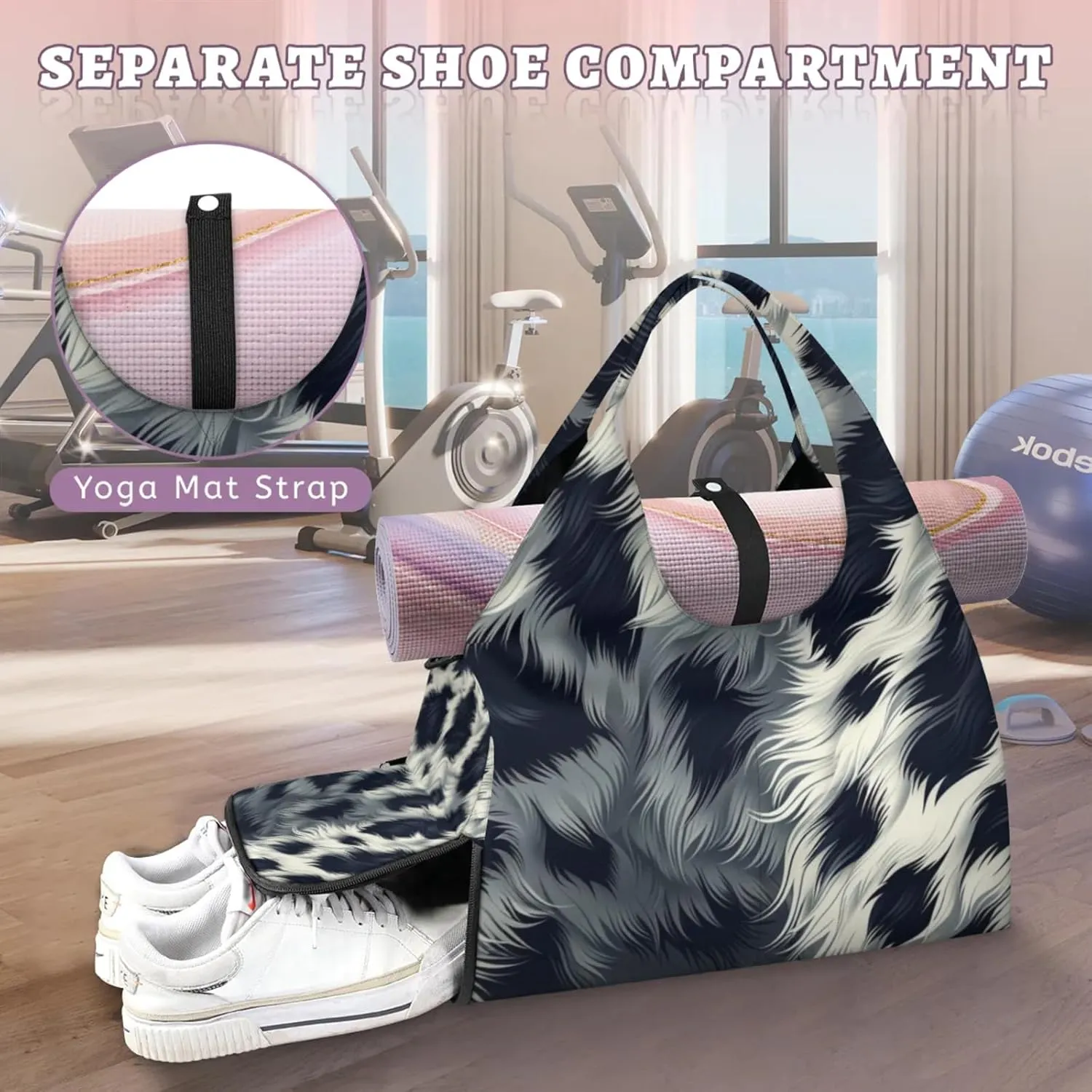 Animal Fur Leopard Gym Bag Yoga Mat Tote for Women with Shoes Compartment Lightweight Duffle Travel Carrier Wet Dry Storage Pockets Adjustable Pilates Mats Shoulder Bags for Sport Swim
