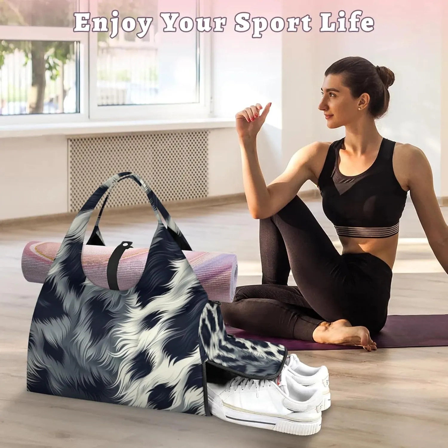 Animal Fur Leopard Gym Bag Yoga Mat Tote for Women with Shoes Compartment Lightweight Duffle Travel Carrier Wet Dry Storage Pockets Adjustable Pilates Mats Shoulder Bags for Sport Swim