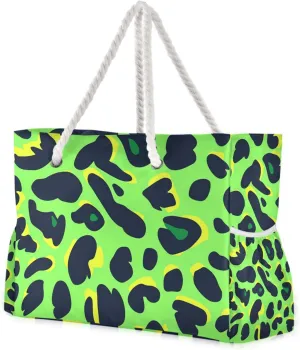 Animal Leopard Fur Print Lawn Green Black Bag Carry On Waterproof Sandproof with side pockets Large Tote Bag For Women for Gym Travel Daily