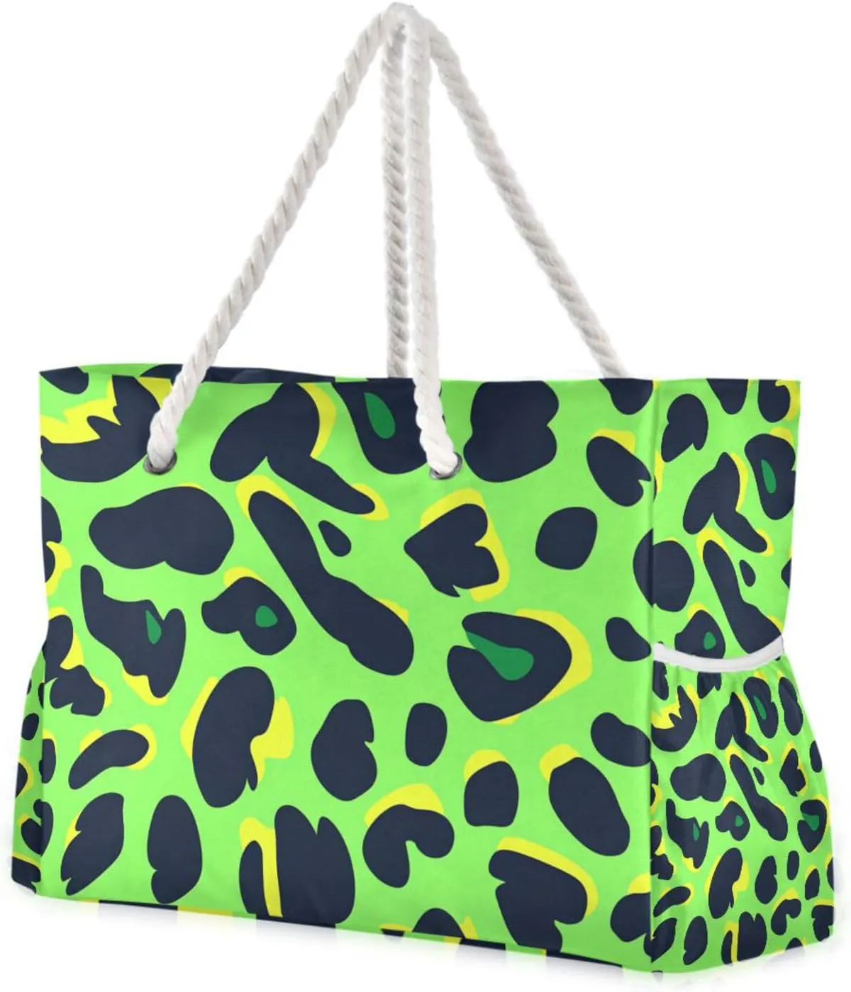 Animal Leopard Fur Print Lawn Green Black Bag Carry On Waterproof Sandproof with side pockets Large Tote Bag For Women for Gym Travel Daily
