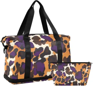 Animal Leopard Fur Skin Brown Purple Duffel Bag Gym Sports Carry with Toiletry Bag for Hiking Waterproof