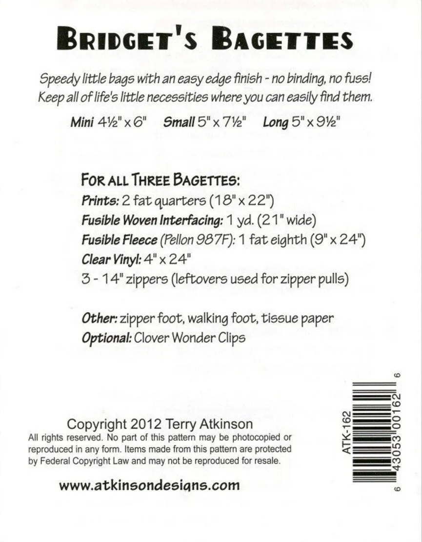 Atkinson Designs Bridget’s Bagettes Pattern (3 Size Variations Per Pattern)