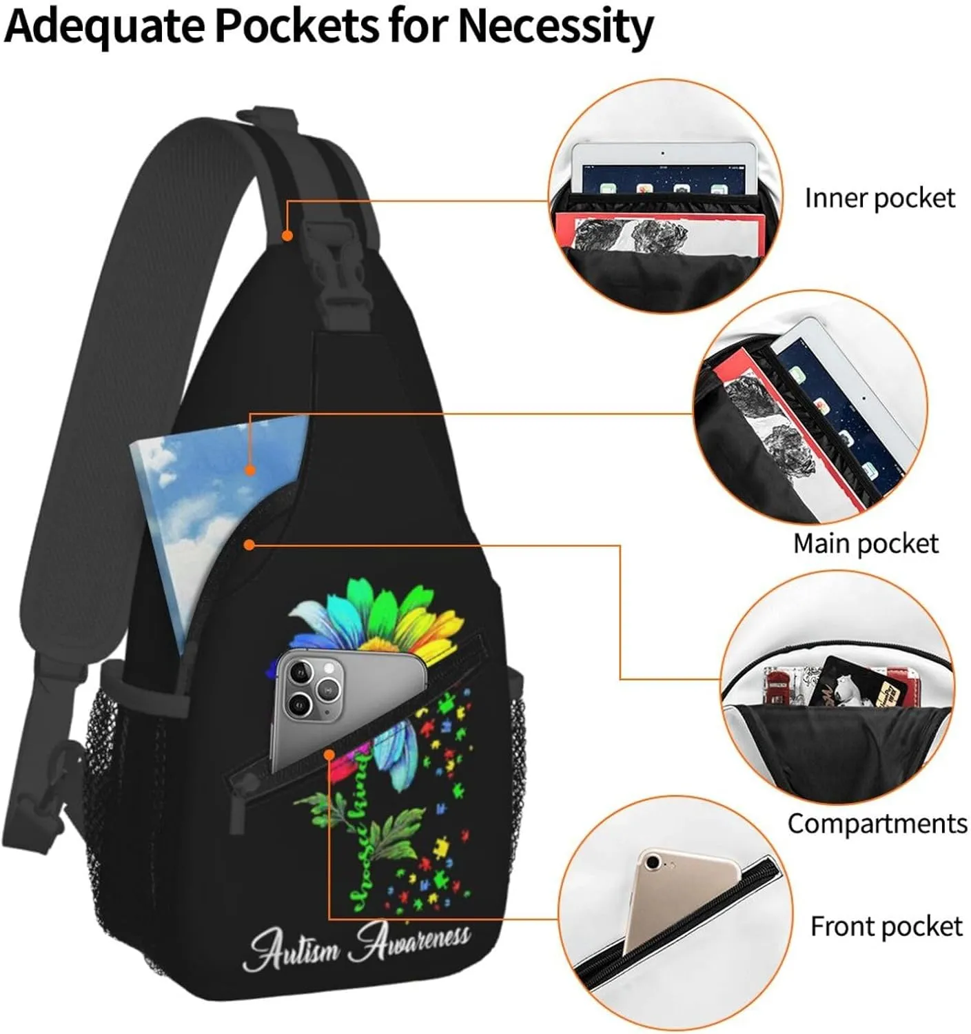 Autism Awareness Mom Crossbody Bag Adjustable Sling Bag Casual Chest Bags Travel Shoulder Backpack