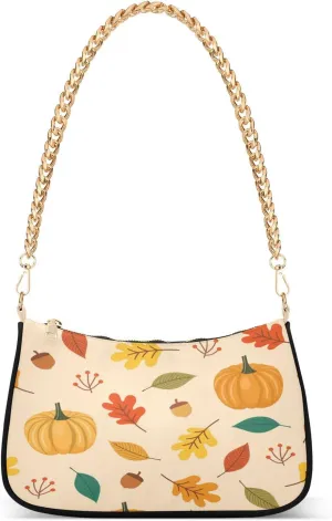 Autumn Leaves Pumpkins Acorns Oak Leaves Womens Shoulder Bag for Women Girls Hobo Tote Handbag Gold Chain Crossbody Bag with Zipper Clutch Purse Handbags