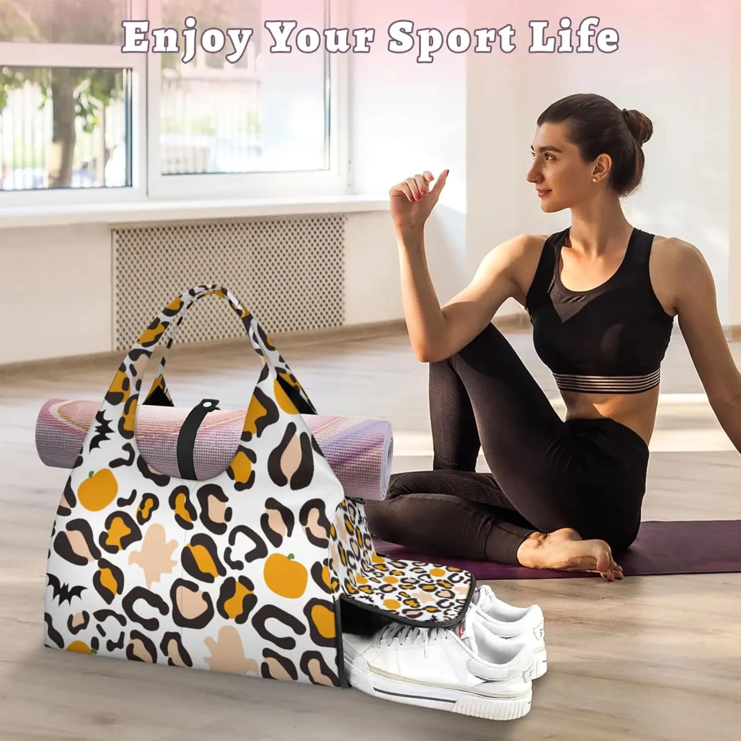 Autumn Pattern Vibes Gym Bag Yoga Mat Tote for Women with Shoes Compartment Lightweight Duffle Travel Carrier Wet Dry Storage Pockets Adjustable Pilates Mats Shoulder Bags for Sport Swim