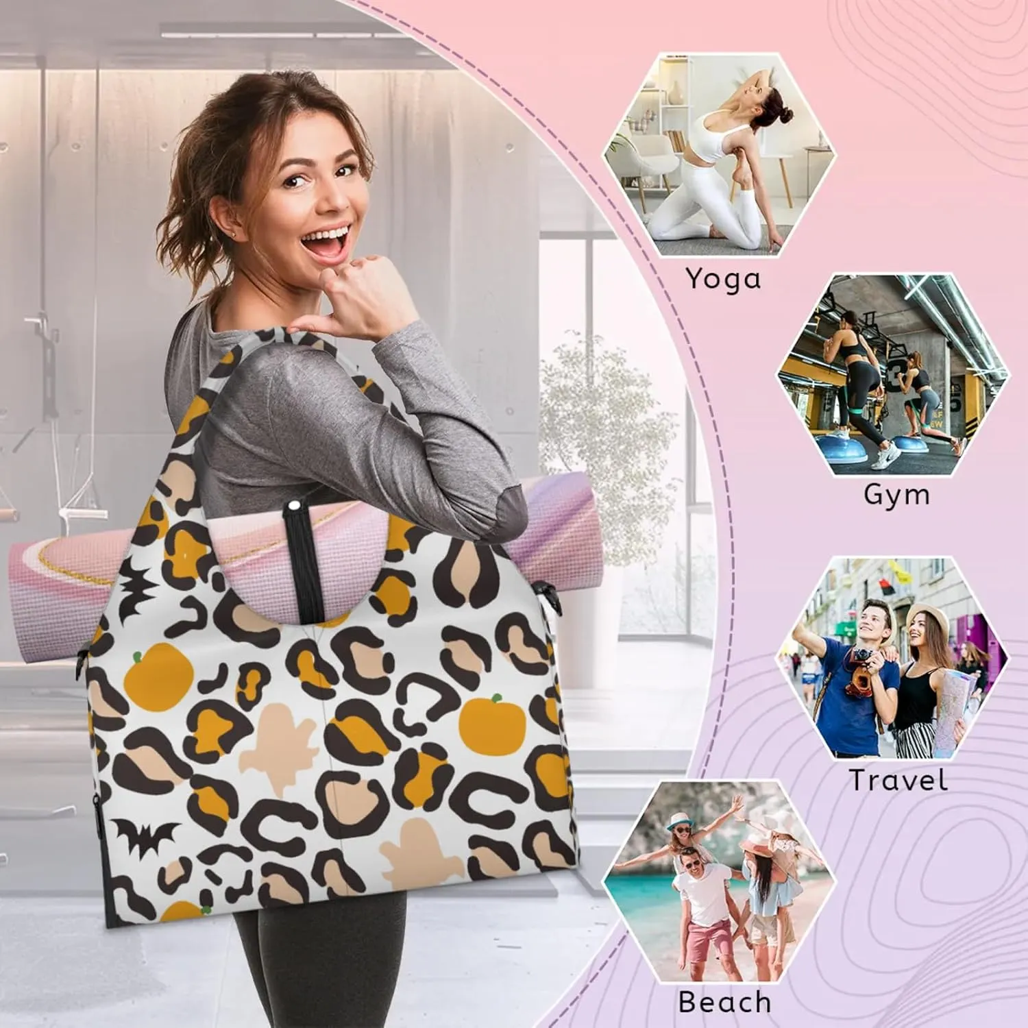 Autumn Pattern Vibes Gym Bag Yoga Mat Tote for Women with Shoes Compartment Lightweight Duffle Travel Carrier Wet Dry Storage Pockets Adjustable Pilates Mats Shoulder Bags for Sport Swim