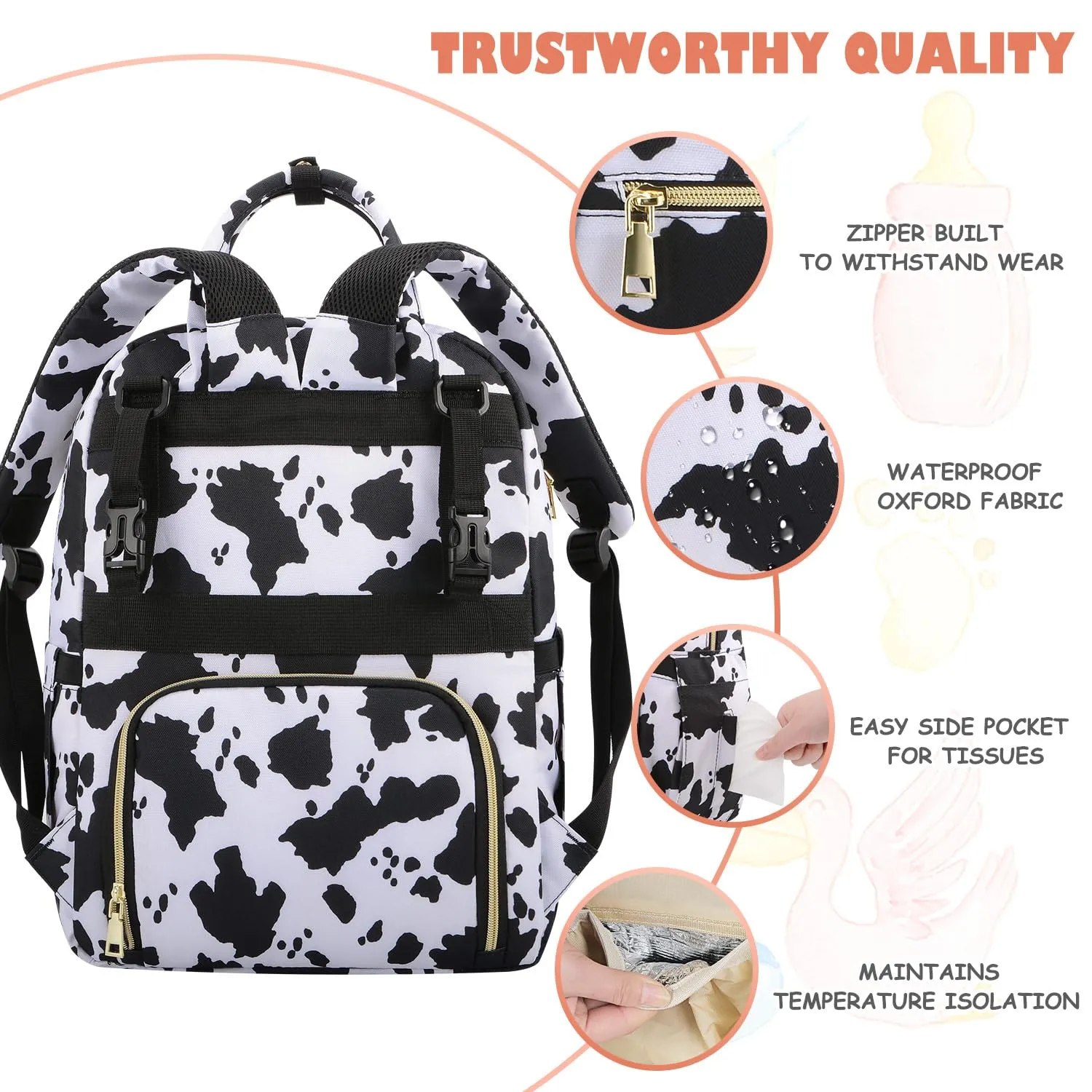 Baby Diaper Bag Backpack, Travel Diaper Bags for Baby Girl Boy Large Capacity Baby Bag Backpack for Women Cow Print