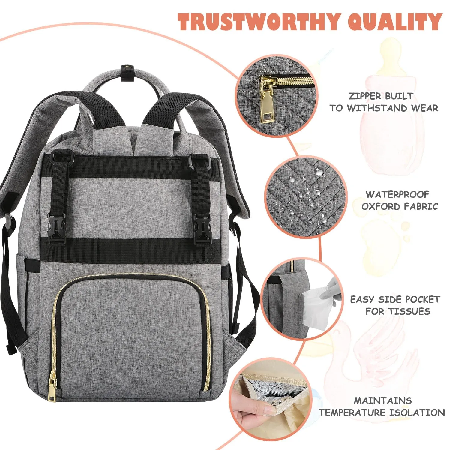 Baby Diaper Bag Backpack, Travel Diaper Bags for Baby Girl Boy Large Capacity Baby Bag Backpack for Women Grey