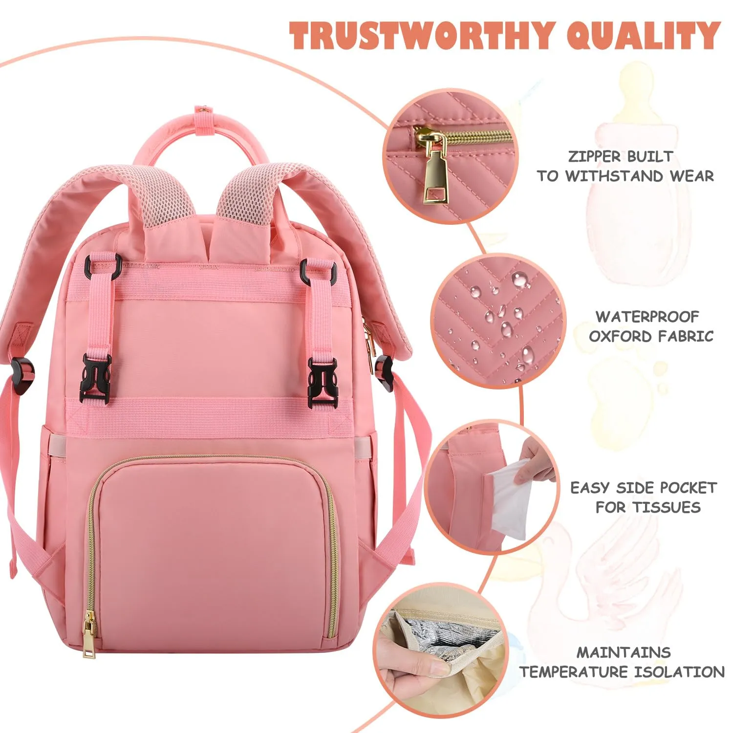 Baby Diaper Bag Backpack, Travel Diaper Bags for Baby Girl Boy Large Capacity Baby Bag Backpack for Women Light Pink