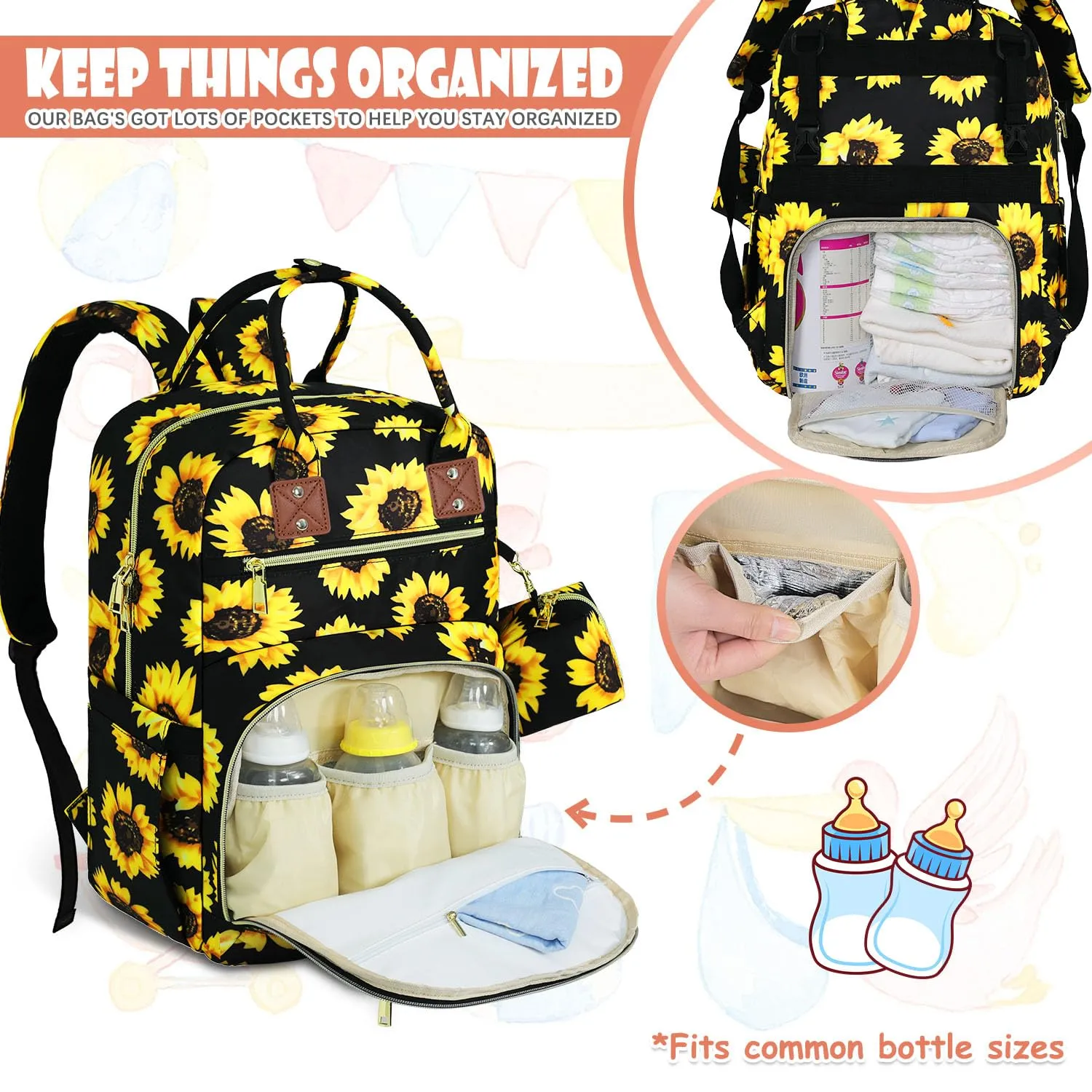 Baby Diaper Bag Backpack, Travel Diaper Bags for Baby Girl Boy Large Capacity Baby Bag Backpack for Women Sunflower