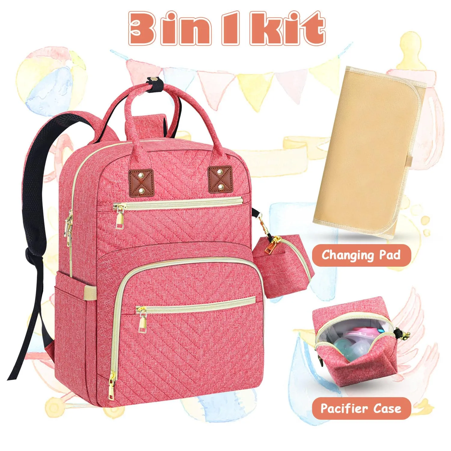 Baby Diaper Bag Backpack, Travel Diaper Bags for Babys Girl Boy Large Capacity Baby Bag Backpack for Women Pink