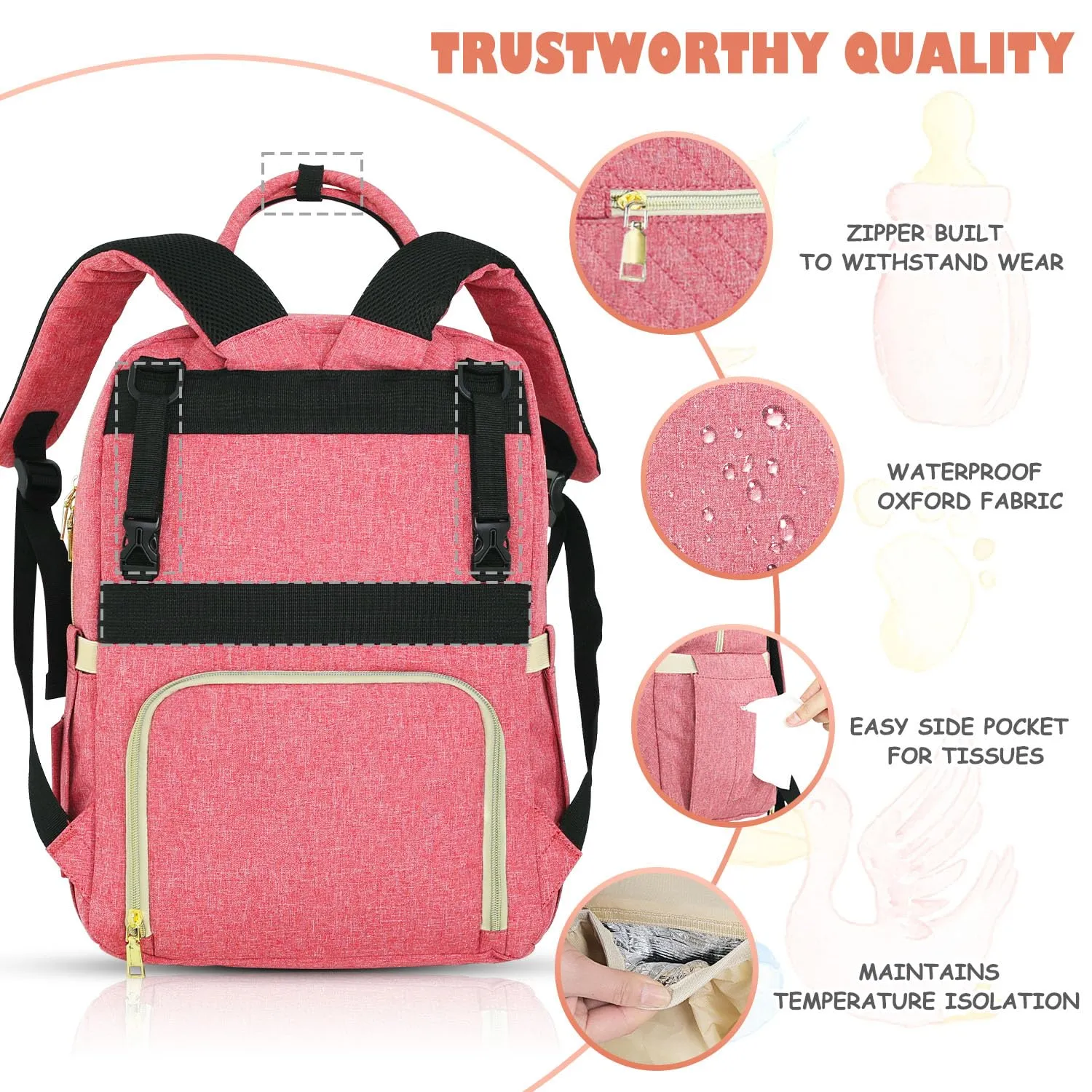 Baby Diaper Bag Backpack, Travel Diaper Bags for Babys Girl Boy Large Capacity Baby Bag Backpack for Women Pink