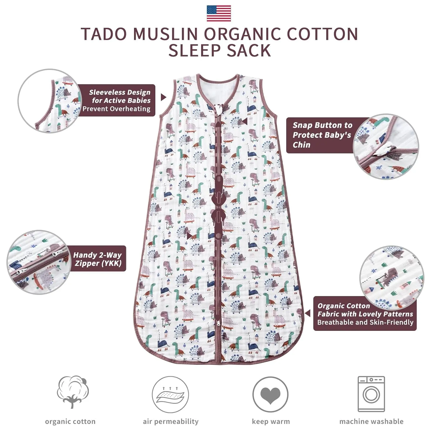 Baby Sleep Sack 2-4 T Baby Wearable Blanket 100% Organic Cotton 0.5 TOG Toddler Sleep Sacks 2- Way Zipper Soft 4 Layers 2T 3T 4T Dinosaur