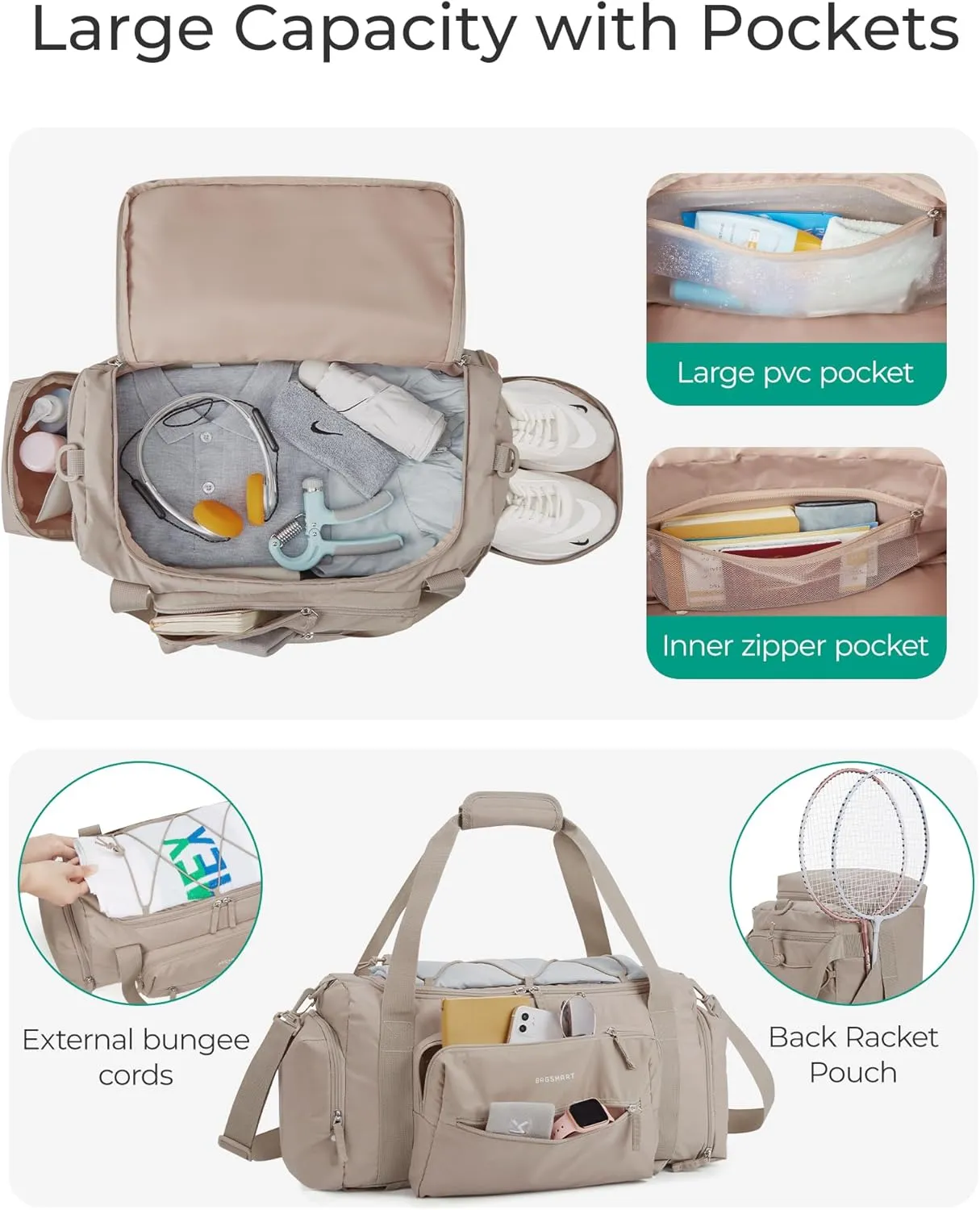 BAGSMART 4-IN-1 Gym Bag for Women,TSA Lightweight Duffle Bag for Travel with Shoe Compartment & Wet Pocket, 30L Carry On Weekender Bags for Women,Water Resistant Travel Duffel Backpack,Camel