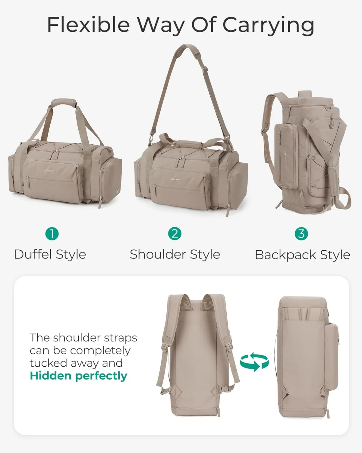 BAGSMART 4-IN-1 Gym Bag for Women,TSA Lightweight Duffle Bag for Travel with Shoe Compartment & Wet Pocket, 30L Carry On Weekender Bags for Women,Water Resistant Travel Duffel Backpack,Camel