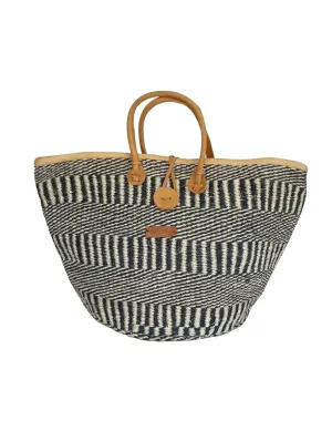 Balance Stripes Handwoven Economical Sisal Tote Bag, Market Grocery Shopping Bags with Leather Strap Handles and Button Closure, Summer Beach Basket Handbag, Large Straw Shoulder Purse for Women