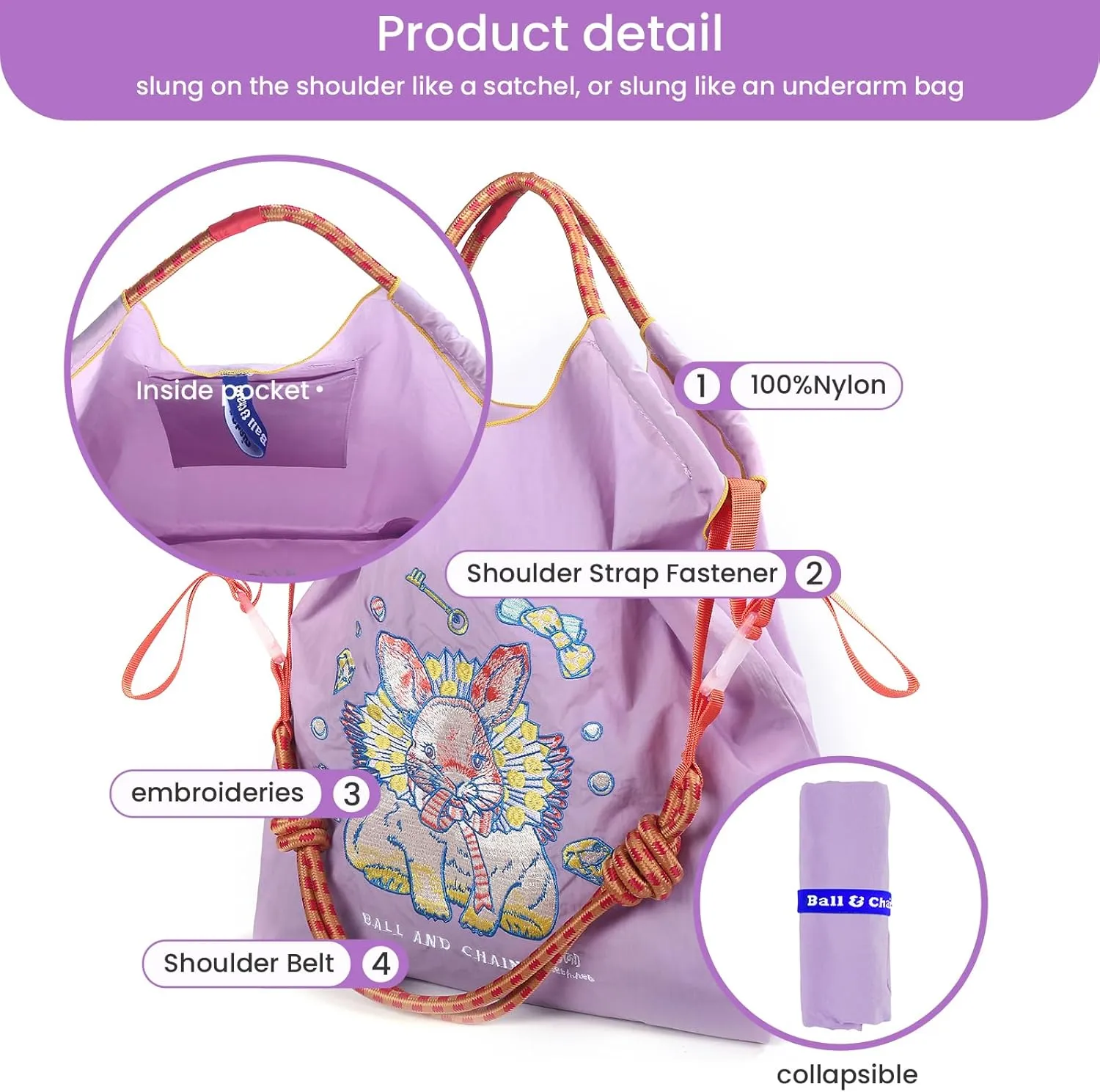 Ball&Chain Embroidery Tote Bag for Women, Foldable Tote Bag Large Shoulder Bag Top Handle Handbag for Travel, Work