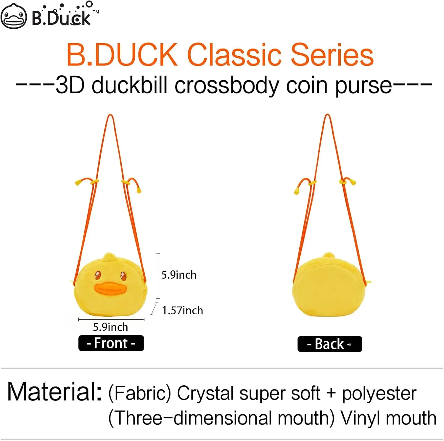 B.DUCK Plush Purse Crossbody Bags Kawaii Handbag with Zipper Cute Duck Shoulder Bag Coin Wallet Toy Purse for Gifts
