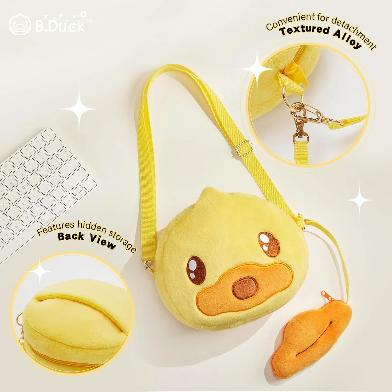 B.DUCK Plush Purse Crossbody Bags Kawaii Handbag with Zipper Cute Duck Shoulder Bag Coin Wallet Toy Purse for Gifts