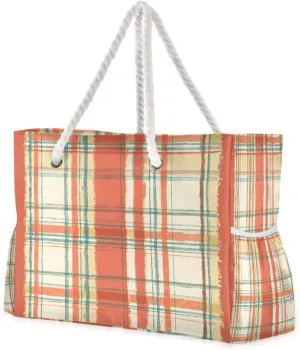Beach Bag - Large Tote Bags for Women Rustic Orange Plaid Pattern Shoulder Bags Zipper Waterproof Sandproof for Travel Gym Swim Daily