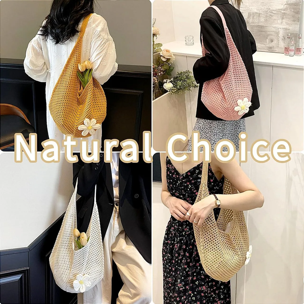 Beach Crochet Bag for Women, Aesthetic Hobo Mesh Woven Tote Simple Modern Trendy Bags for Summer Vacation Picnic Travel